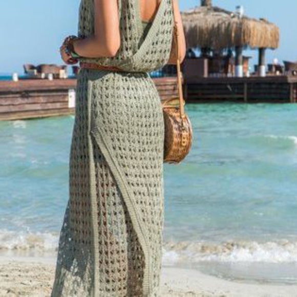 NEW! Khaki Cross-Front Openwork Lined Maxi Dress (NWT) - Picture 2 of 4